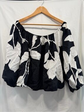 Nine West Black & White Floral Elastic-Neck Blouse